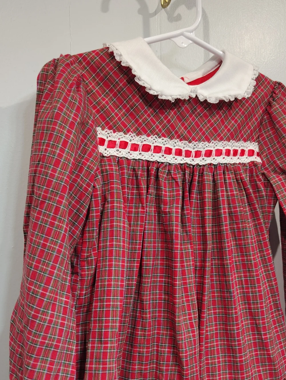 Vintage Red Tartan Plaid Holiday Dress Peter Pan Collar Lace Trim